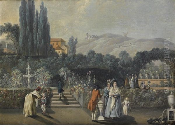 Figures In An Ornamental Garden, A Landscape Beyond Oil Painting by Joaquim Marques