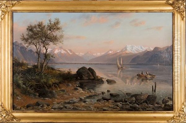 Bord Du Lac Leman Avec Les Dents Du Midi Se Refletant Dans L'eau Oil Painting by Francois Camille Marquiset