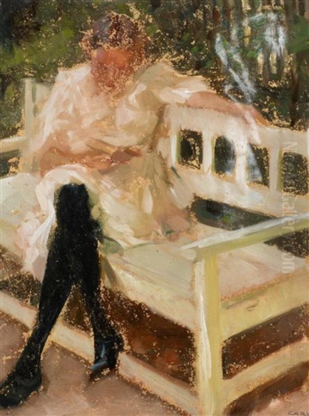 Dora Marr Lesend Auf Der Gartenbank Oil Painting by Carl von Marr