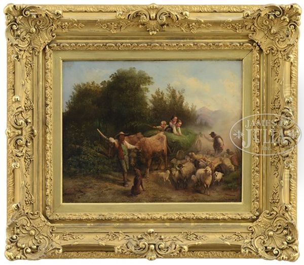 Children In Haywagon Riding Past A Herd Of Sheep Oil Painting by Joseph Heinrich Marr