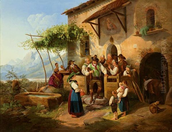Frohliche Wirtshausszene Vor Sonnenbeschienenem Gasthof Oil Painting by Joseph Heinrich Marr