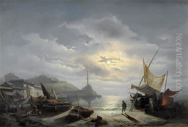 Der Hafen Von Genua Im Mondschein Oil Painting by Joseph Heinrich Marr
