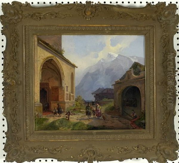 Personen Beim Kirchgang Im Bergdorf Oil Painting by Joseph Heinrich Marr