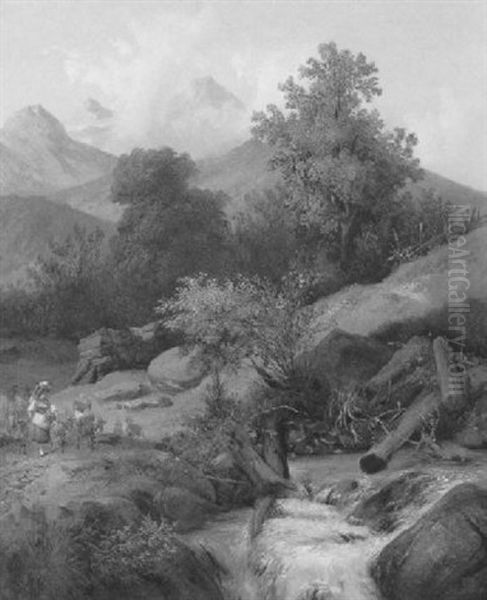 Ziegenhirtin Mit Ihrer Herde Am Bach Oil Painting by Joseph Heinrich Marr