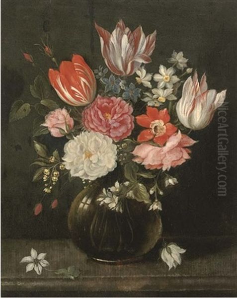 Parrot Tulips, Narcissi, Roses, Anemones And Other Flowers In A Glass Vase On A Stone Ledge Oil Painting by Jacob Marrel