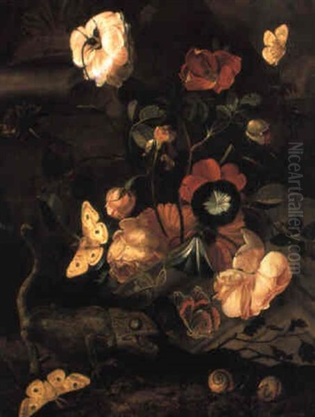 Roses And Other Flowers By An Architectural Fragment With Insects Oil Painting by Otto Marseus van Schrieck