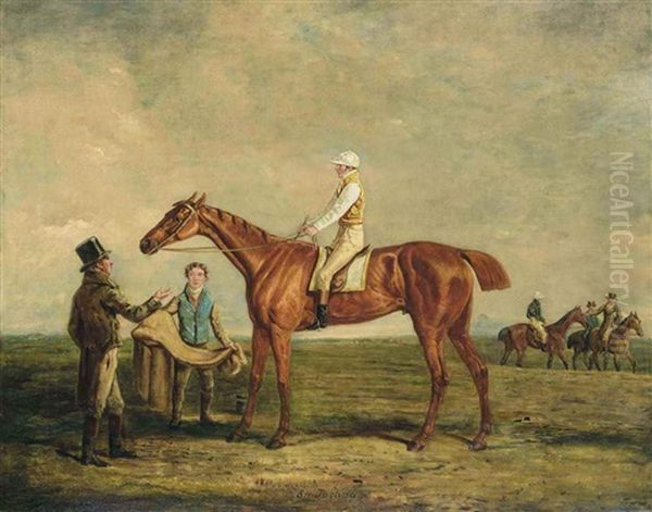 Sir Joshua, A Chestnut Racehorse With Jockey Up, In A Landscape, With Trainer And Groom Oil Painting by Benjamin Marshall
