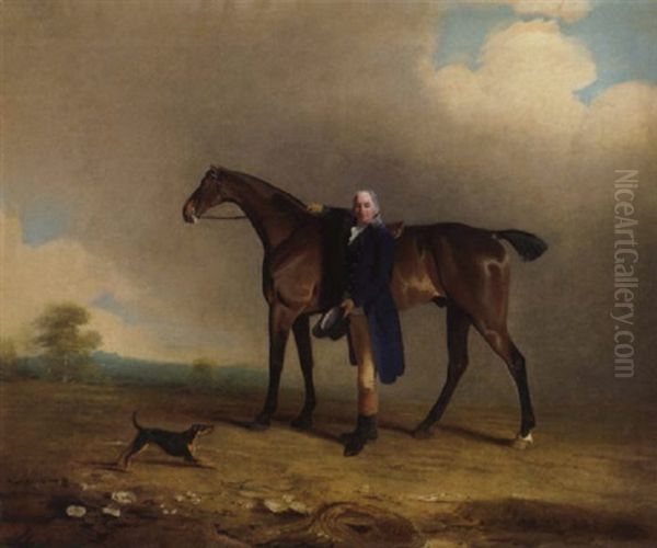 A Gentleman With A Bay Hunter And Terrier In A Landscape Oil Painting by Benjamin Marshall