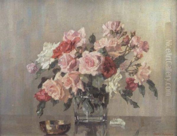 Still Life With A Vase Of Roses And A Bowl On A Table Oil Painting by Freda, Nee Clulow Marston
