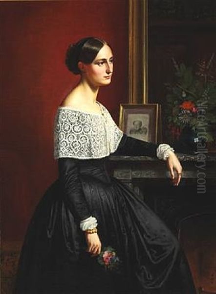 Interior With Signe Puggaard In An Elegant Black Dress Standing Next To A Console With A Bouquet Of Summer Flowers Oil Painting by Wilhelm Nicolai Marstrand