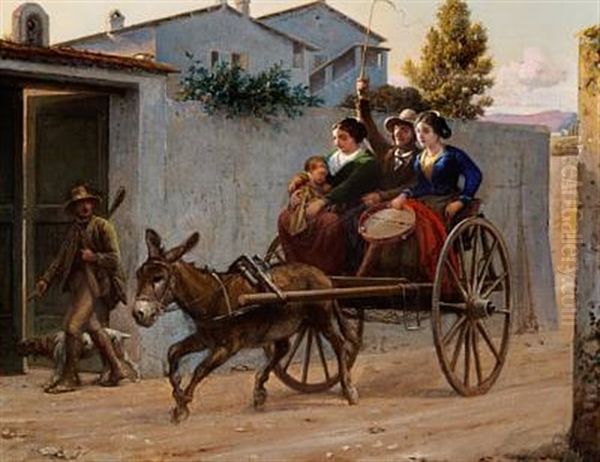 Italian Village Scene With A Mother, A Sleeping Child And A Young Woman On A Donkey Cart Oil Painting by Wilhelm Nicolai Marstrand