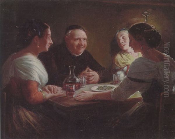 Abbaten Skjemter Med Unge Piger Oil Painting by Wilhelm Nicolai Marstrand