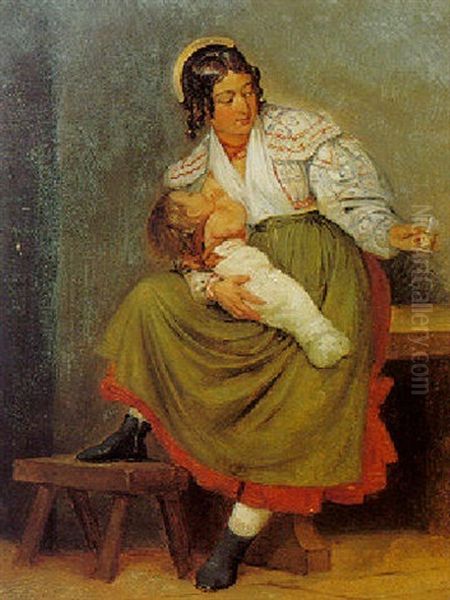 A Young Mother Feeding Her Child Oil Painting by Wilhelm Nicolai Marstrand