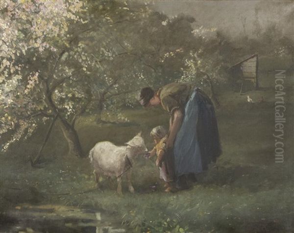 Mother And Child Feeding A Lamb Oil Painting by Willy Martens