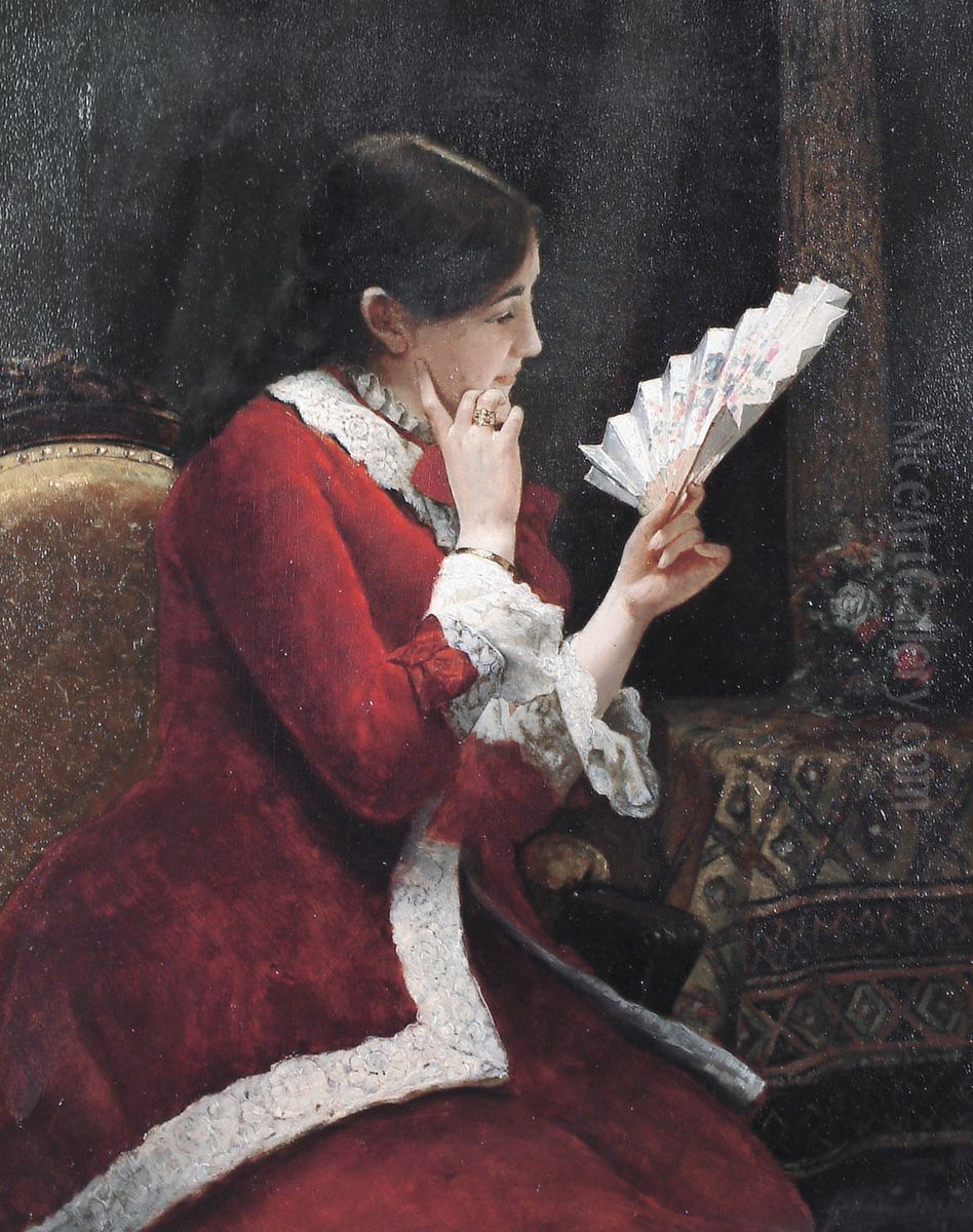 A Lady Admiring A Fan Oil Painting by Willy Martens