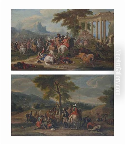 Une Escarmouche Et Un Groupe De Soldats Soignant Un Blesse (pair) Oil Painting by Jean-Baptiste Martin