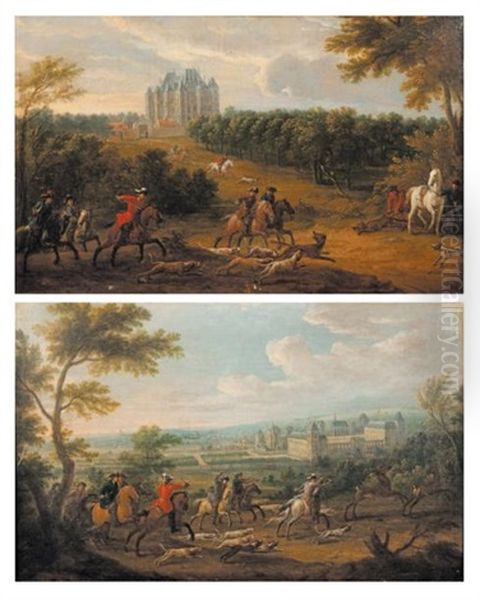 Chasse Aux Loups Pres Du Chateau De Madrid Dans Le Bois De Boulogne (+ Chasse Au Cerf Dans Le Bois De Vincennes, Smllr; 2 Works) Oil Painting by Jean-Baptiste Martin