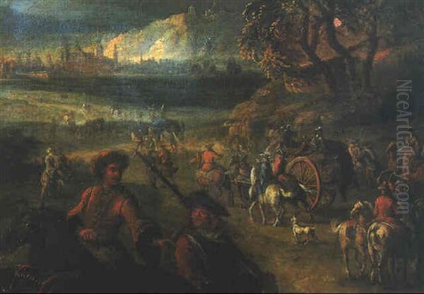 Militaires Faisant Avancer Un Chariot Vers Une Ville Oil Painting by Jean-Baptiste Martin