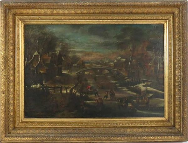 Winter Village View, Skaters On River Oil Painting by Andreas Martin