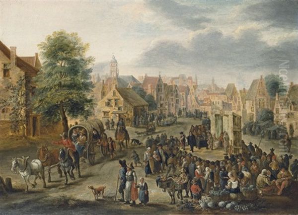 A Village Market With A Wagon Oil Painting by Andreas Martin