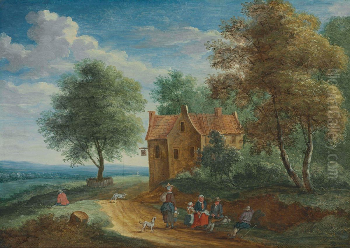 Two Travellers Resting Near A River Oil Painting by Andreas Martin