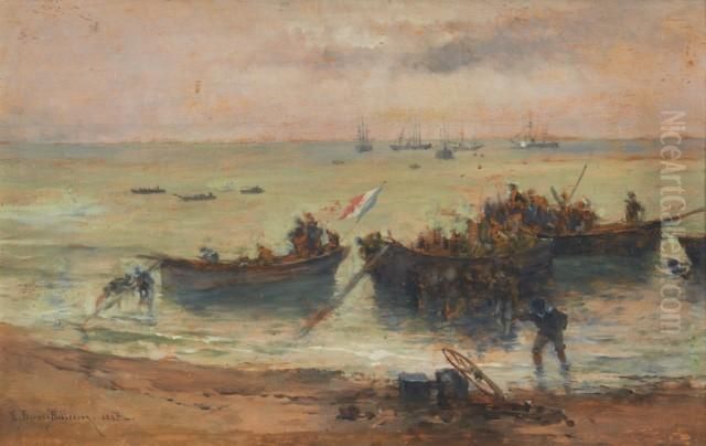 Debarquement De Troupes De Marine Francaise Dans Deschaloupes Oil Painting by Etienne Prosper Berne-Bellecour