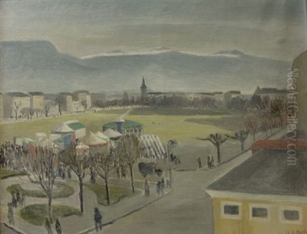 Plaine De Plainpalais Et Carrousels Sur Fond De Saleve, Geneve Oil Painting by Eugene Louis Martin