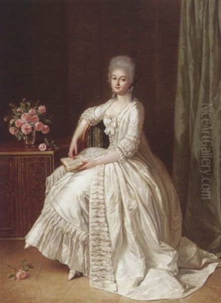 Portrait Of A Lady Seated Beside A Cabinet With A Vase Of Roses On Top, Holding A Book Oil Painting by Guillaume Martin