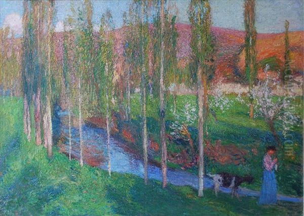 Portrait Of A Lady Seated Beside A Cabinet With A Vase Of Roses On Top, Holding A Book Oil Painting by Henri Martin