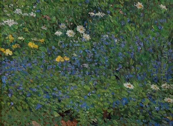 Portrait Of A Lady Seated Beside A Cabinet With A Vase Of Roses On Top, Holding A Book Oil Painting by Henri Martin