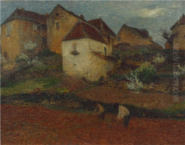 Portrait Of A Lady Seated Beside A Cabinet With A Vase Of Roses On Top, Holding A Book Oil Painting by Henri Martin