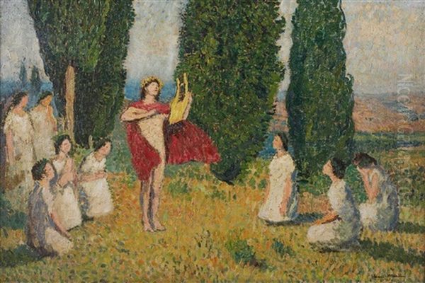 Portrait Of A Lady Seated Beside A Cabinet With A Vase Of Roses On Top, Holding A Book Oil Painting by Henri Martin