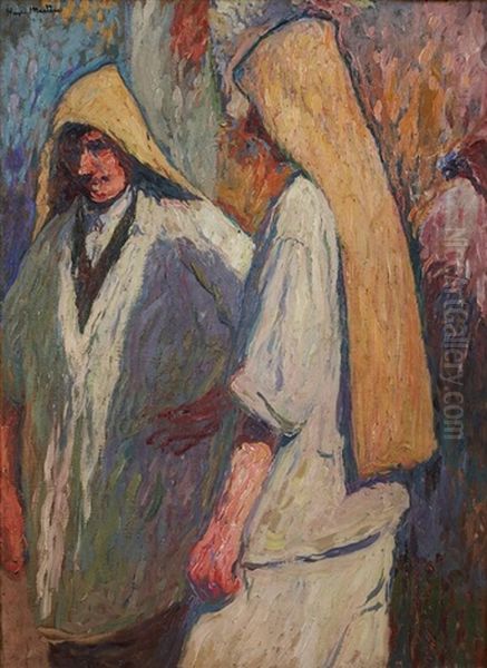 Portrait Of A Lady Seated Beside A Cabinet With A Vase Of Roses On Top, Holding A Book Oil Painting by Henri Martin