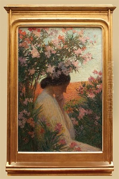 Portrait Of A Lady Seated Beside A Cabinet With A Vase Of Roses On Top, Holding A Book Oil Painting by Henri Martin