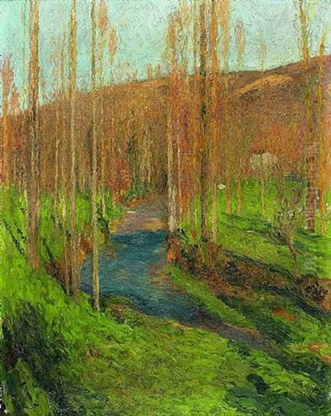 Portrait Of A Lady Seated Beside A Cabinet With A Vase Of Roses On Top, Holding A Book Oil Painting by Henri Martin