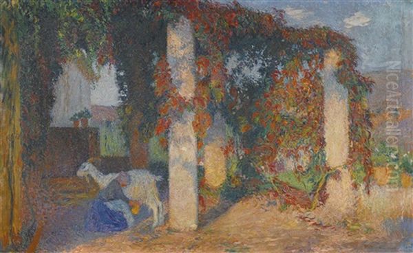 Jeune Fille Trayant Une Chevre Sous La Pergola De Marquayrol Oil Painting by Henri Martin
