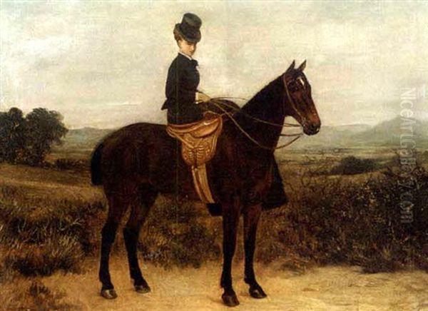 A Lady On A Dark Brown Horse In A Landscape Oil Painting by Sylvester Martin