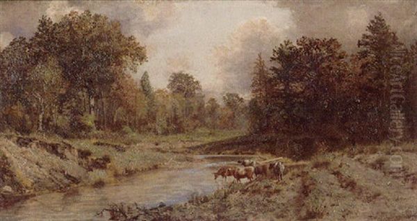 Cattle Drinking From A Stream Oil Painting by Thomas Mower Martin