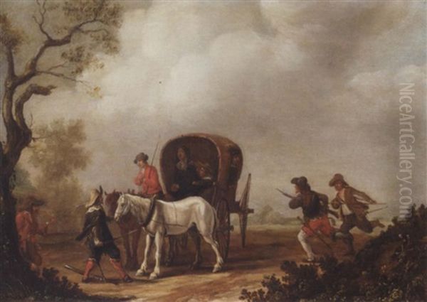 A Landscape With Waggoners Being Ambushed By Bandits Oil Painting by Jan de Martszen the Younger