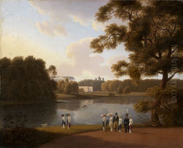View Of The Great Lake And The Cameron Gallery At Tsarskoe Selo Oil Painting by Andrei Yefimovich Martynov
