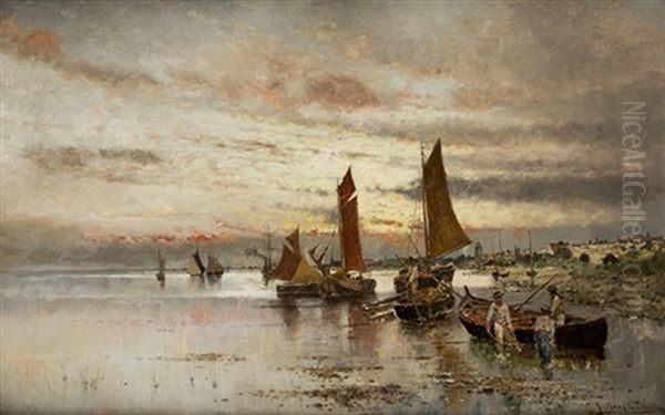 Barcos En La Orilla Oil Painting by Arcadi Mas y Fondevila