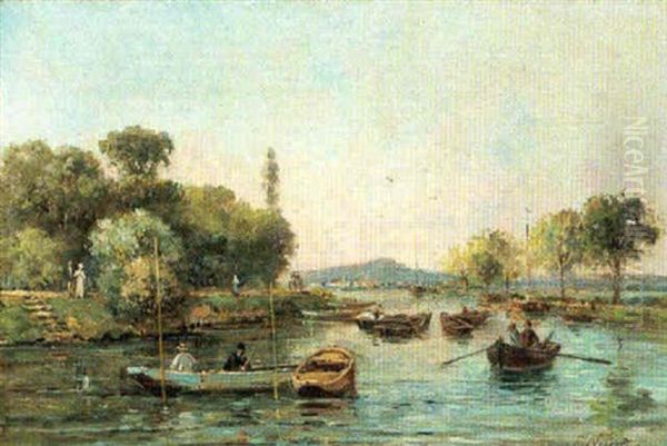 A Magnificent Holiday With Boaters, Fishermen And Lovers Oil Painting by Gustave Mascart