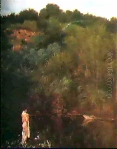 A Female Nude By A Lake Oil Painting by Karel Vitezslav Masek