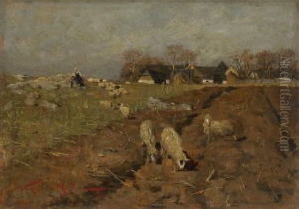 Hirtin Mit Schafherde Vor Dem Dorf Oil Painting by Nikola Masic