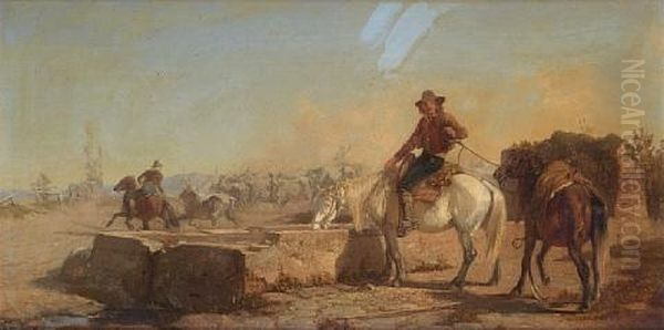 A Butero Watering His Horse In The Roman Campagna Oil Painting by George Hemming Mason