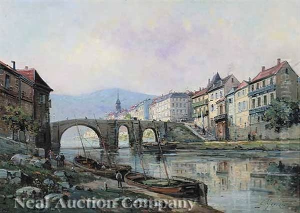 Village By The River Oil Painting by Francisco Masriera y Manovens