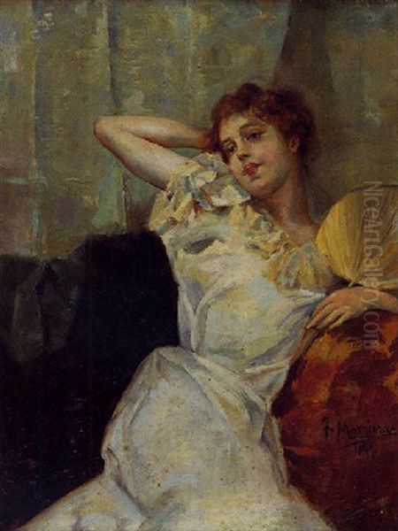 Jeune Elegante A L'eventail Oil Painting by Francisco Masriera y Manovens