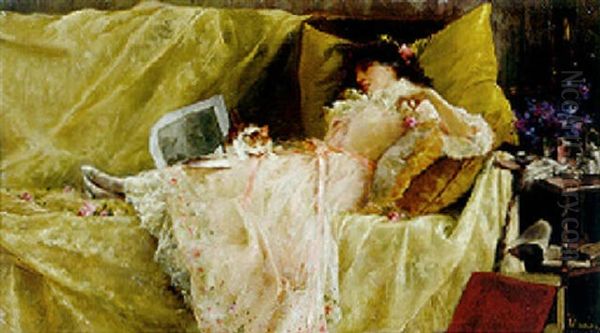 A Reclining Woman And Her Cat Oil Painting by Francisco Masriera y Manovens