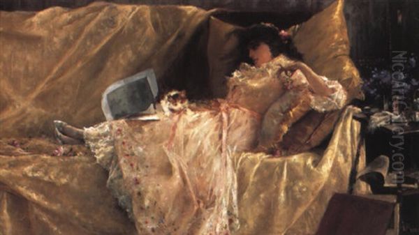 Ung Siddende Pige, Der Leger Med En Kattekilling Oil Painting by Francisco Masriera y Manovens