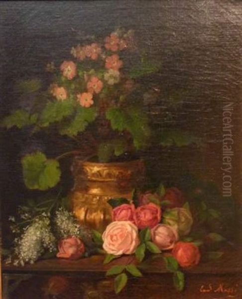 Bouquet De Fleurs Sur Entablement Oil Painting by Emmanuel Masse